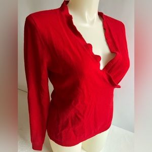 Ralph Lauren 100% Cashmere Sweater XL Red Surplice Cross-Over Wrap Ruffle V-Neck